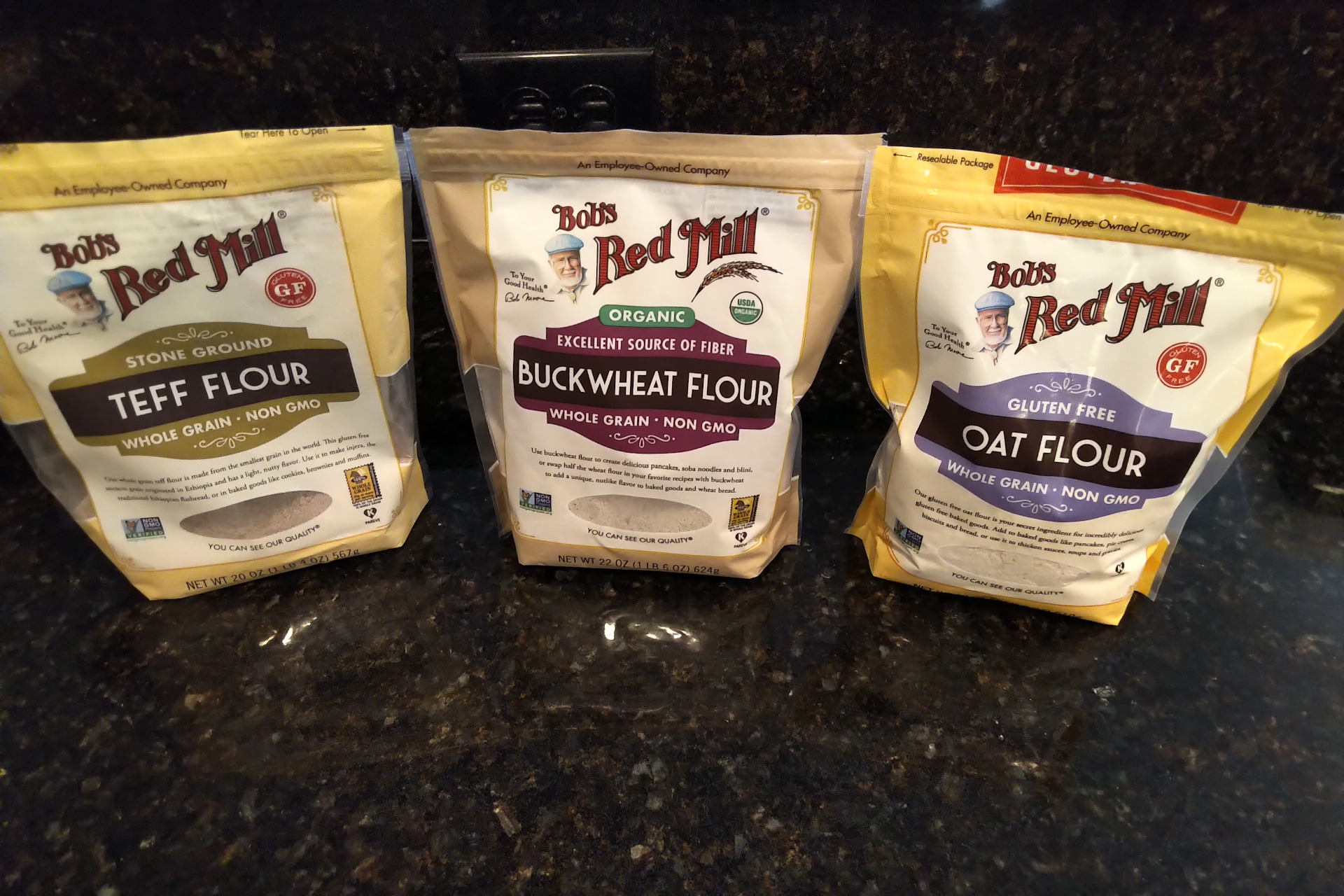 Teff flour, buckwheat flour, and oat flour