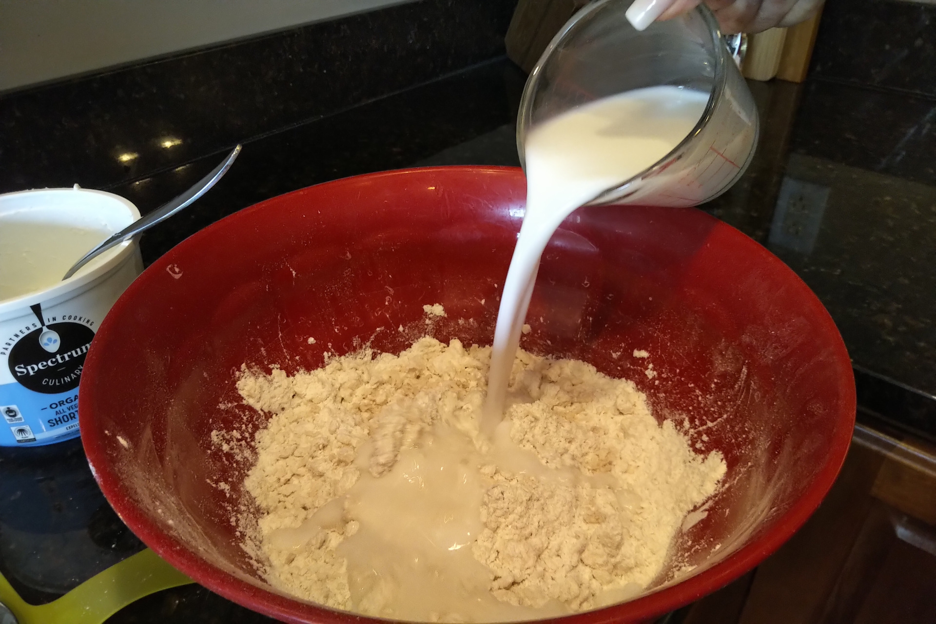 Adding coconut milk to dry mix