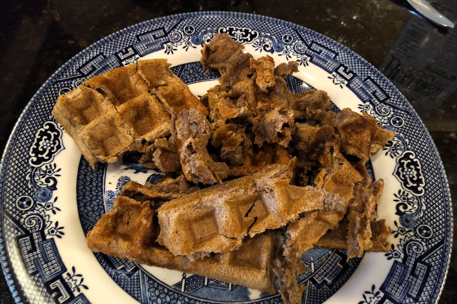 Fragments of waffles on a plate
