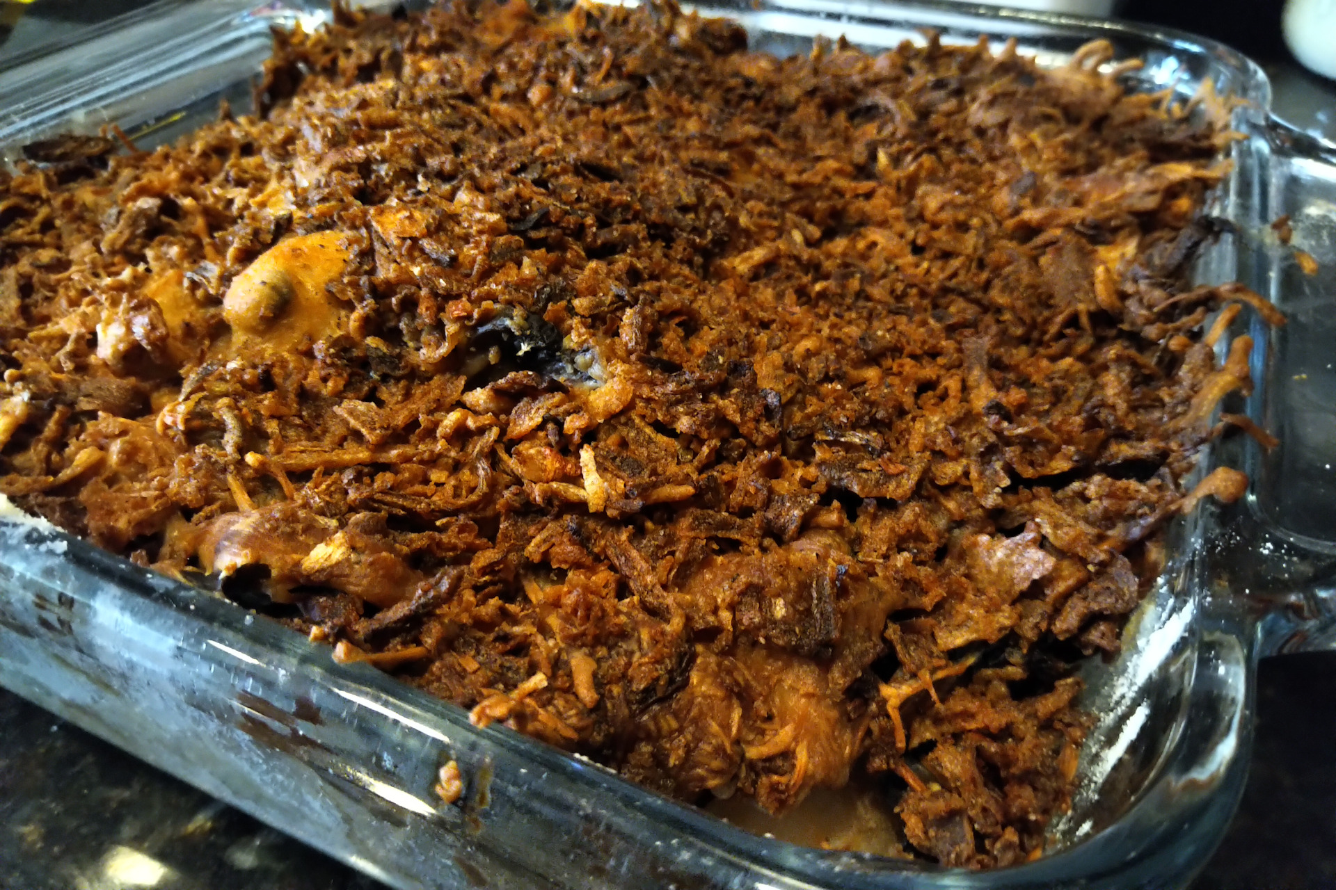 Potato mushroom casserole in a glass pan